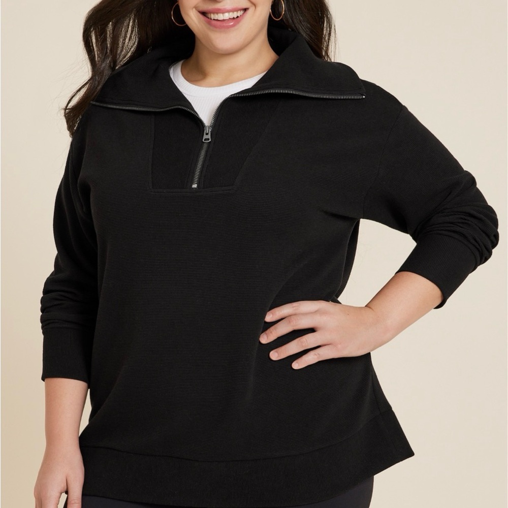 Maurices Plus Size Ribbed Knit Shawl Collar Black Quarter-Zip Tunic Sweatshirt